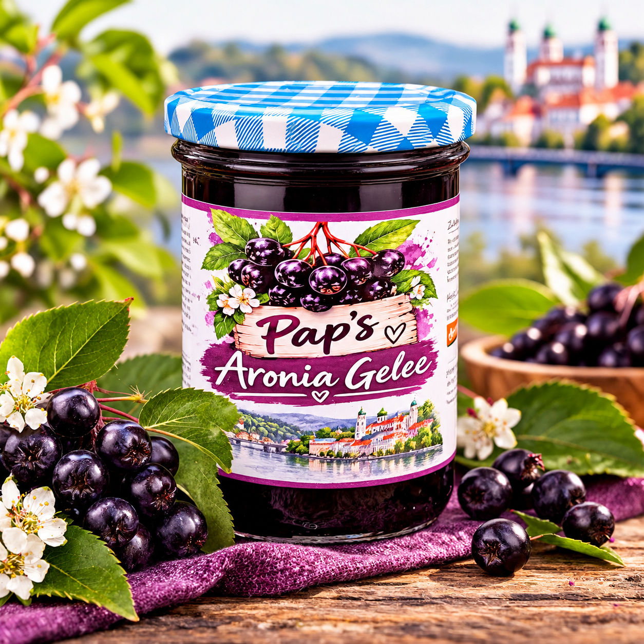 Pap’s Aronia Gelee Produktfoto mit Aroniabeeren und Passauer Stadtansicht
